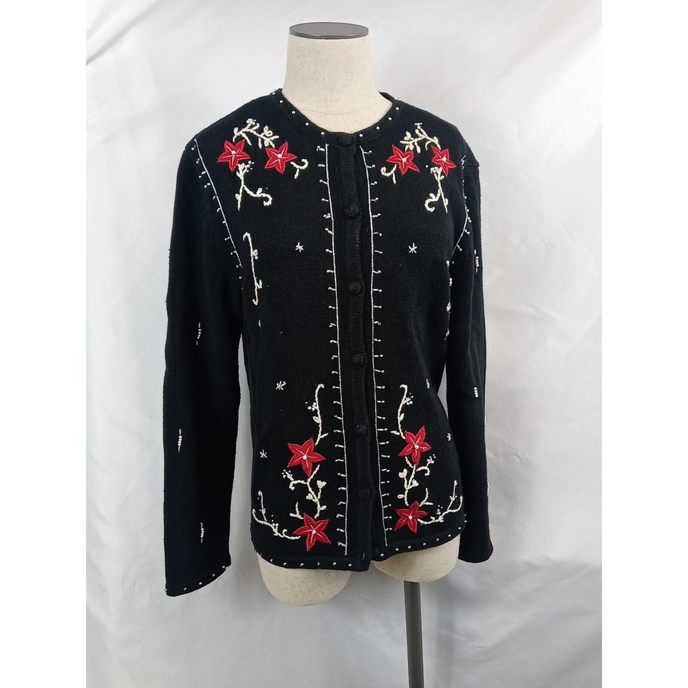 Vtg Erika Christmas Cardigan Sweater Women's Size Medium Beaded Poinsettias 90s